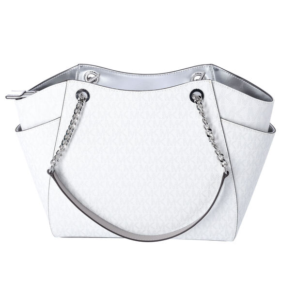 Michael Kors Jet Set Travel Large Chain Shoulder Tote White Silver MK Signature - Picture 3 of 4
